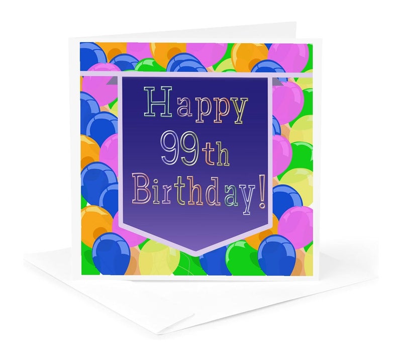 3DROSE Greeting Card - Balloons with Purple Banner Happy 99th Birthday - Birthday Design - Image 1